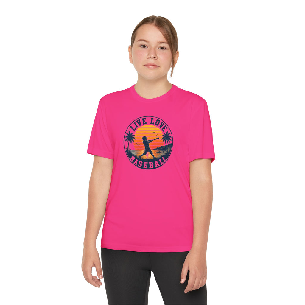 Live Love Baseball Youth Dri Fit Tee — Sunset Palm Baseball Player Shirt