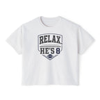 Relax… He’s 8 Boxy Tee Football Mom Shirt