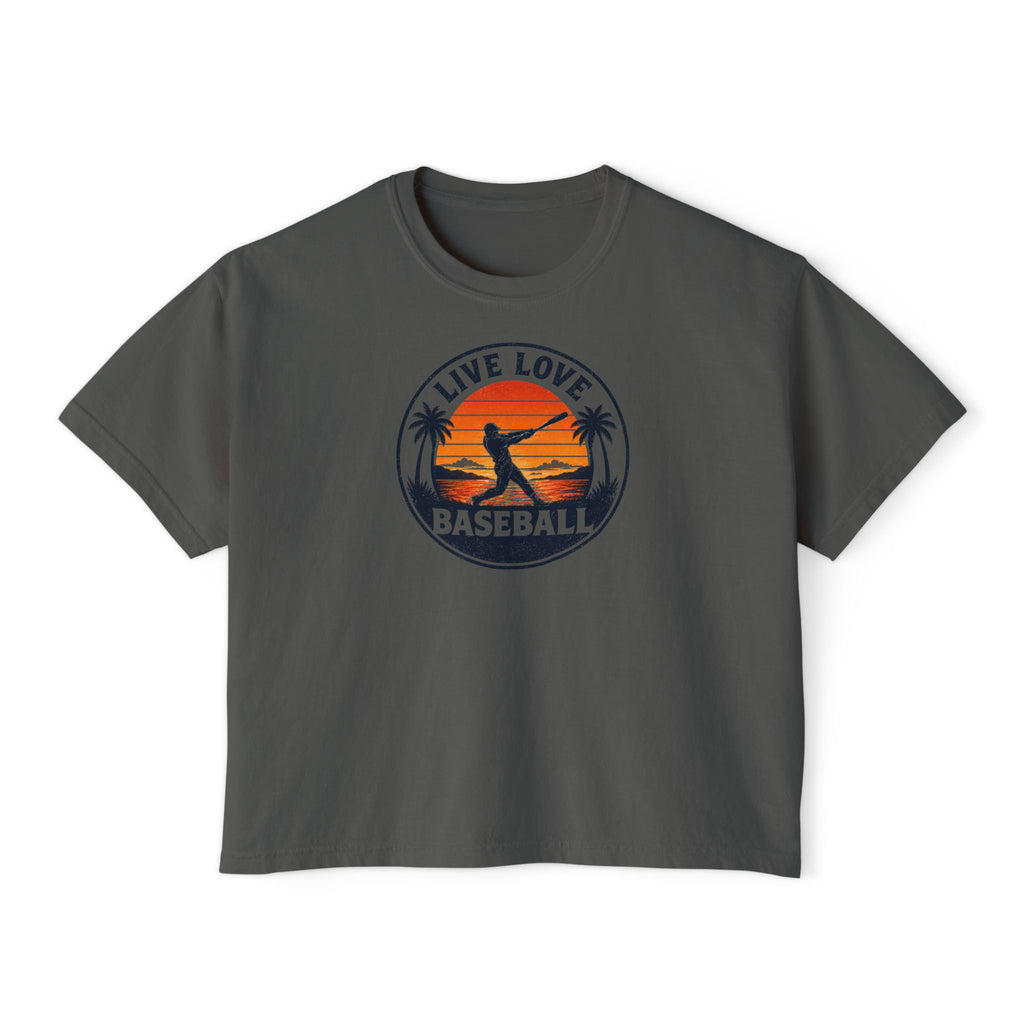 Live Love Baseball Women's Boxy Tee – Retro Sunset Palm Baseball Shirt