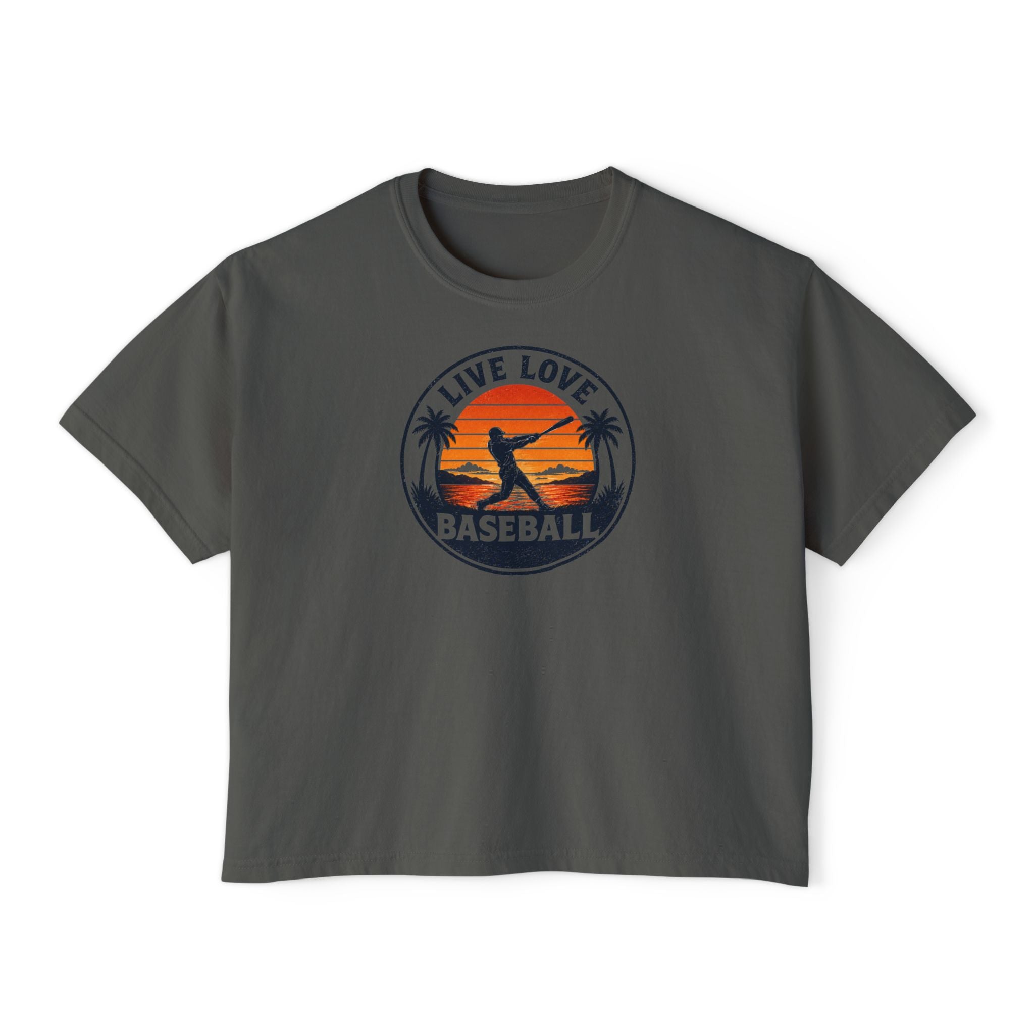 Live Love Baseball Women's Boxy Tee – Retro Sunset Palm Baseball Shirt