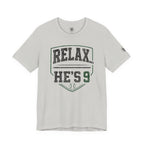 Relax He’s 9 Baseball Parent Tee — Hunter Green