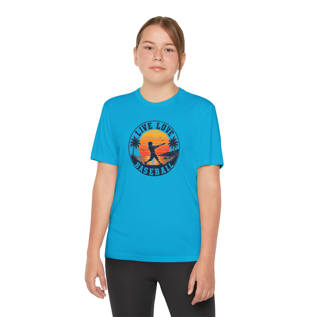 Live Love Baseball Youth Dri Fit Tee — Sunset Palm Baseball Player Shirt