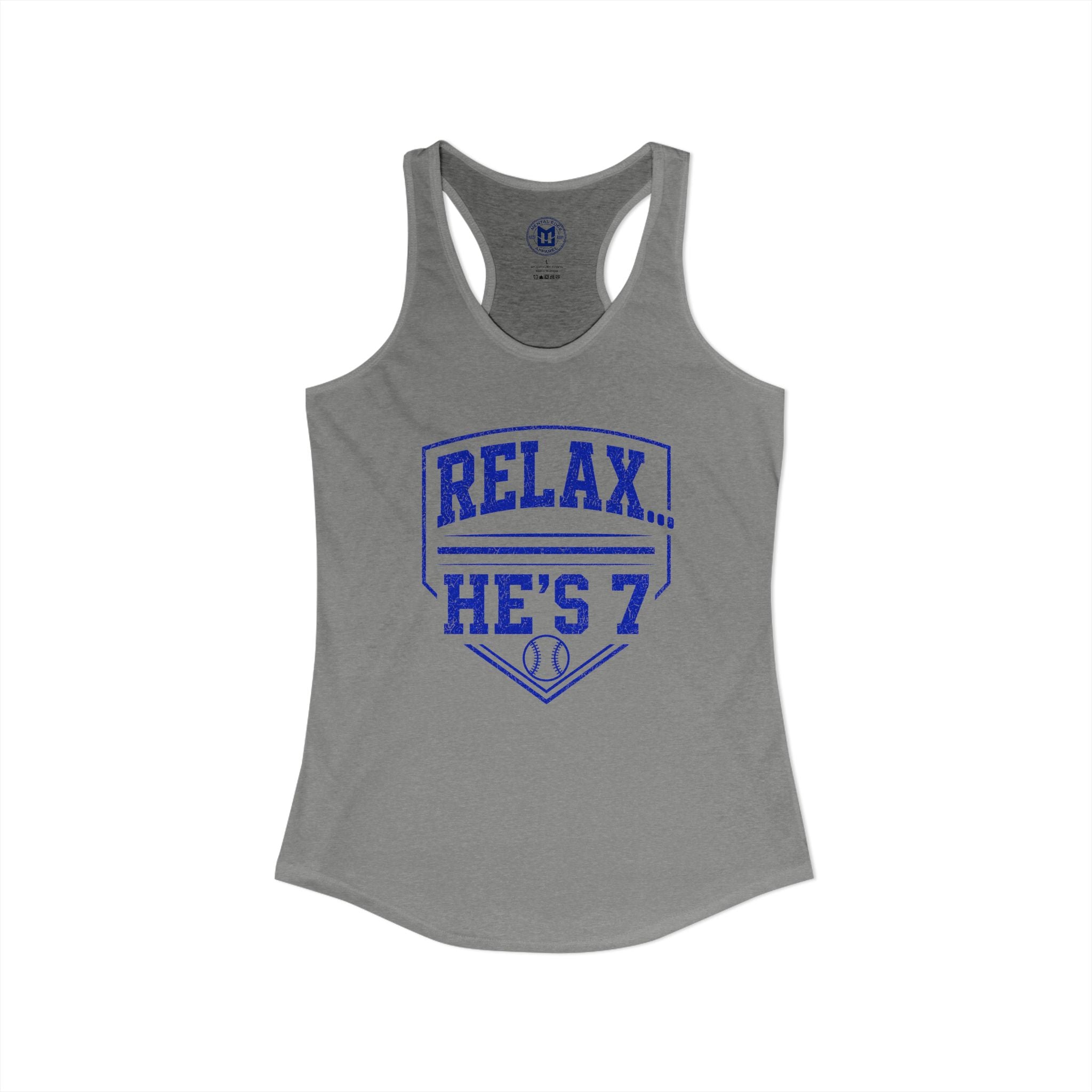 Relax He's 7 Baseball Mom Racerback Tank - Blue