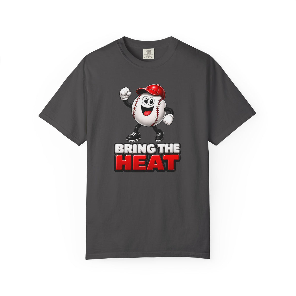 Adult Heater "Bring The Heat" Baseball T-Shirt — Unisex Comfort Colors Cartoon Ball Mascot Tee