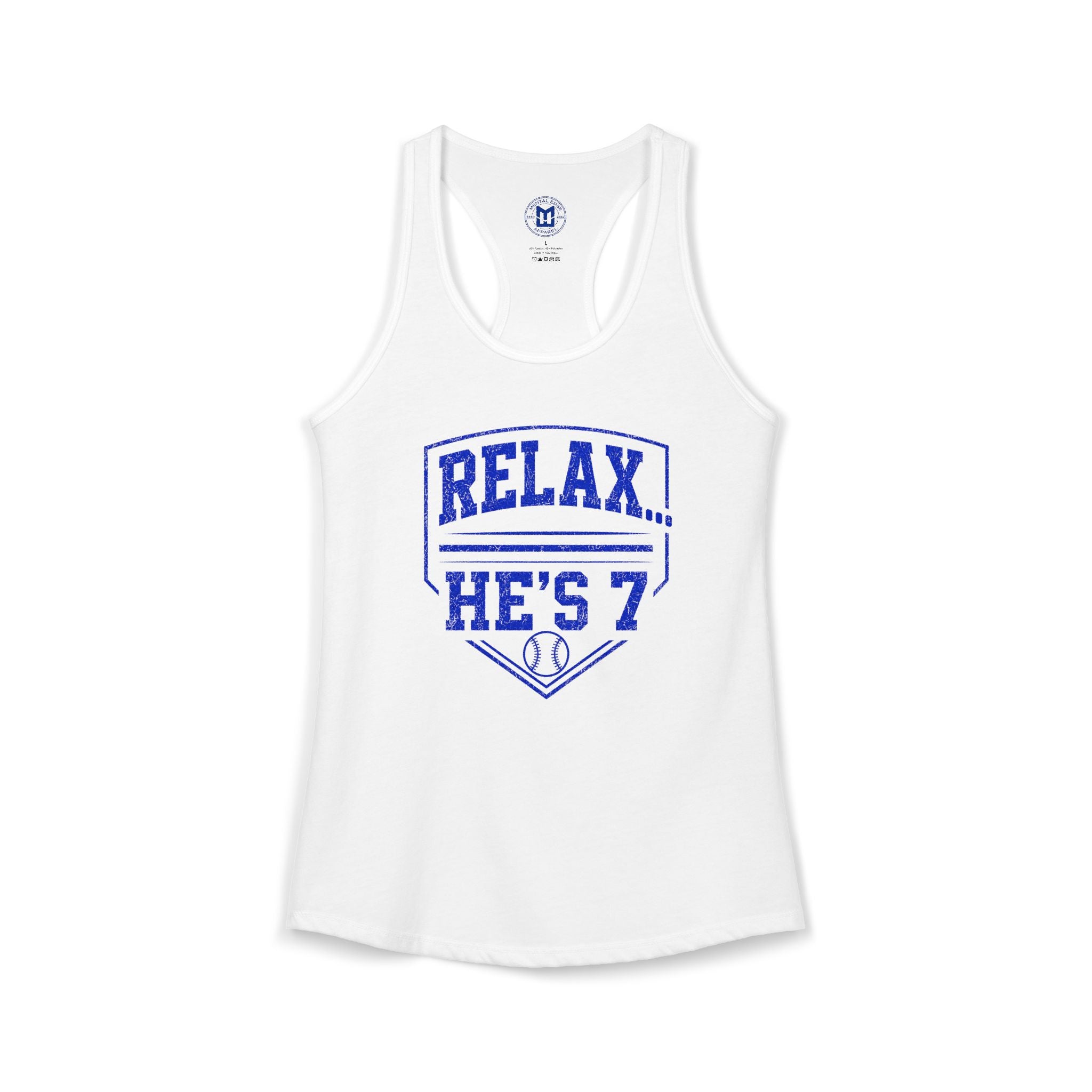 Relax He's 7 Baseball Mom Racerback Tank - Blue