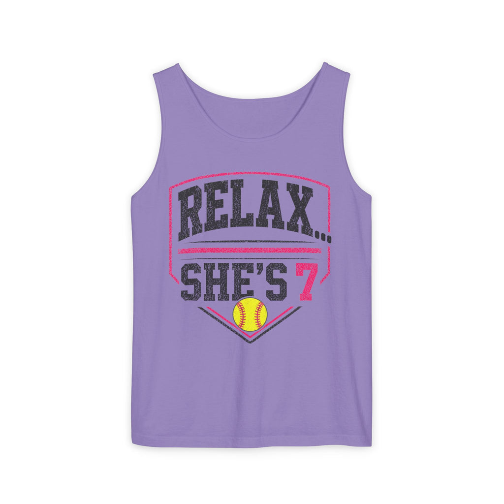 "Relax... She's 7" Softball Tank Top — Graphic Tank