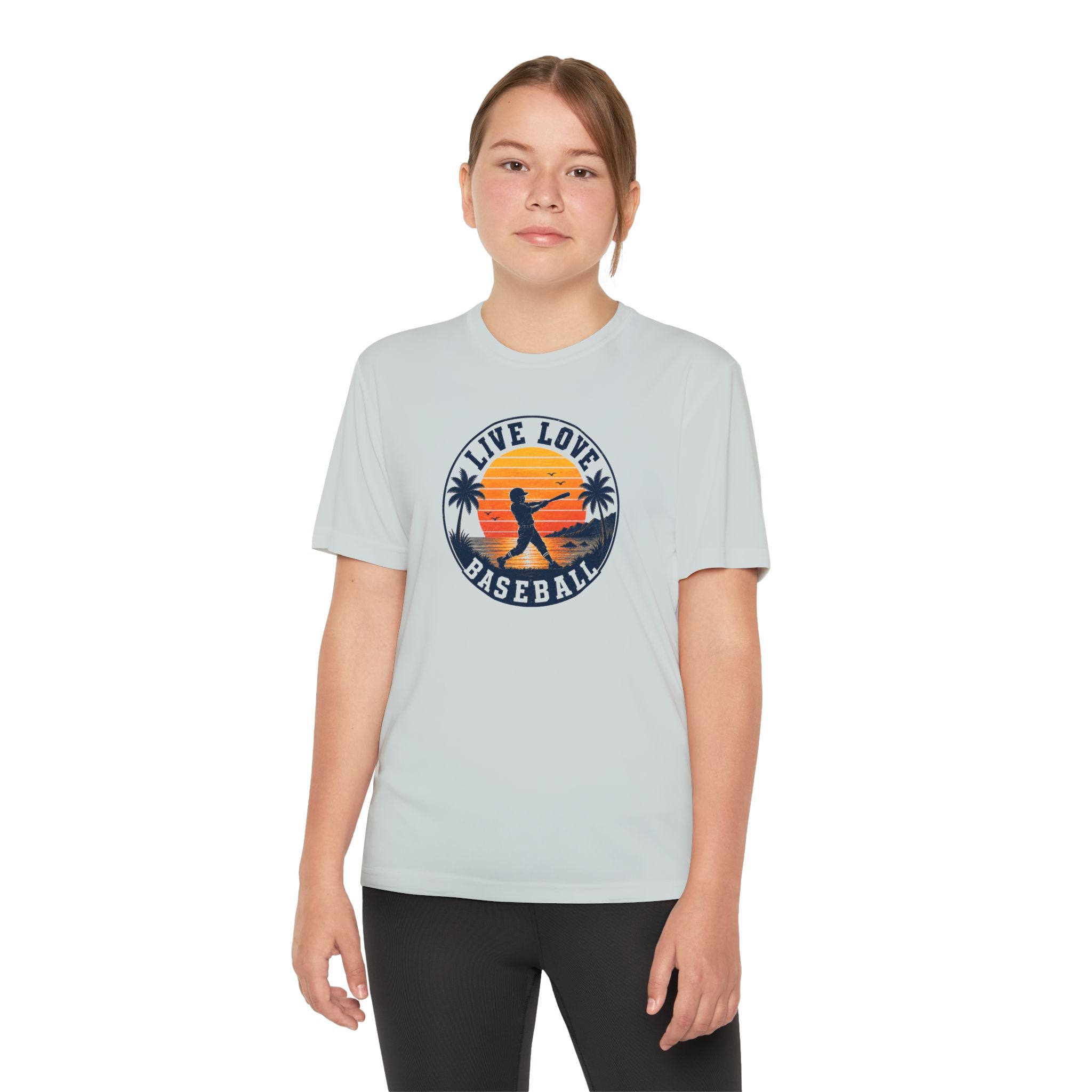 Live Love Baseball Youth Dri Fit Tee — Sunset Palm Baseball Player Shirt
