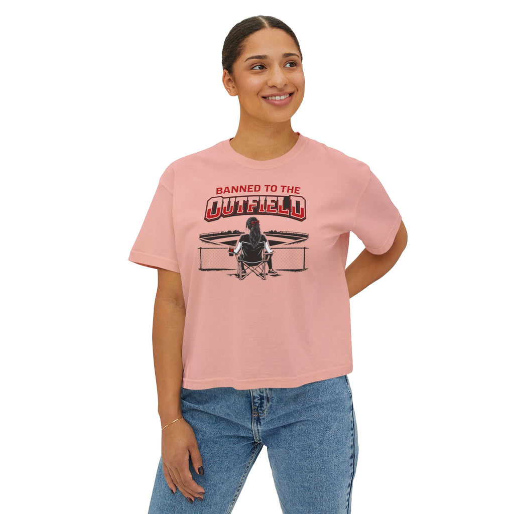 Banned to the Outfield Women's Boxy Tee – Baseball Mom/Fan Graphic Shirt
