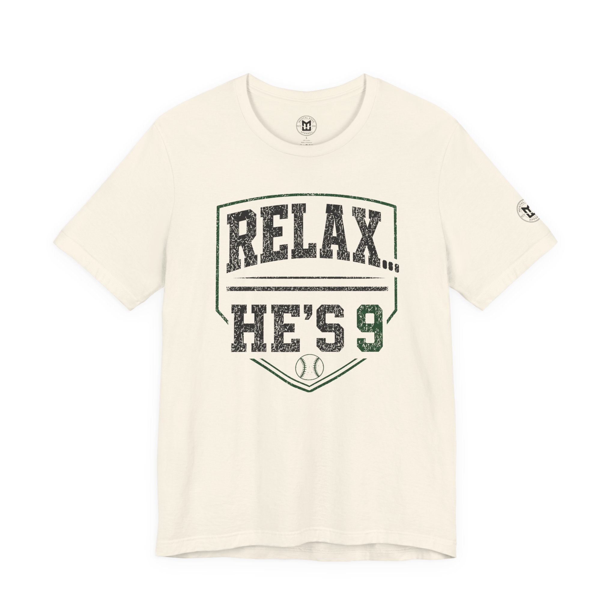 Relax He’s 9 Baseball Parent Tee — Hunter Green