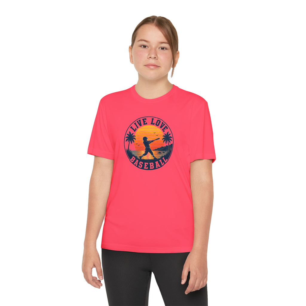 Live Love Baseball Youth Dri Fit Tee — Sunset Palm Baseball Player Shirt
