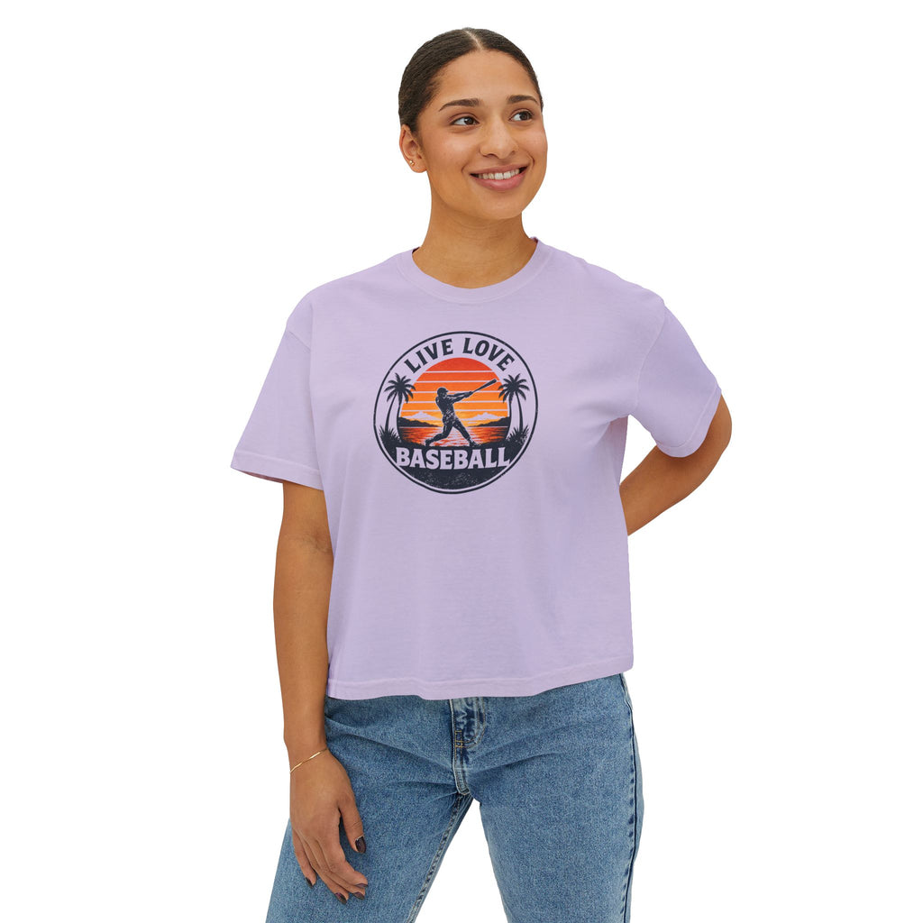 Live Love Baseball Women's Boxy Tee – Retro Sunset Palm Baseball Shirt