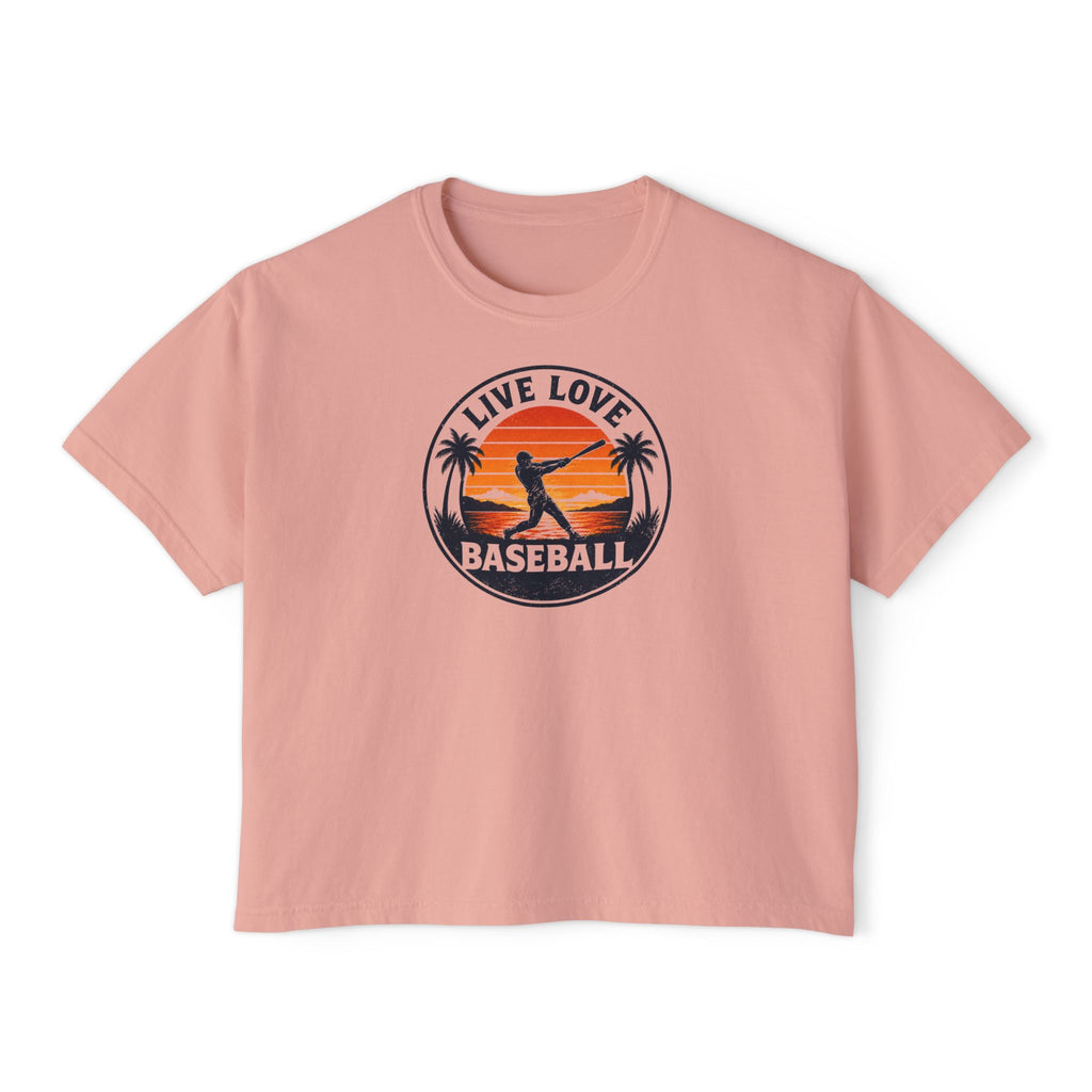 Live Love Baseball Women's Boxy Tee – Retro Sunset Palm Baseball Shirt