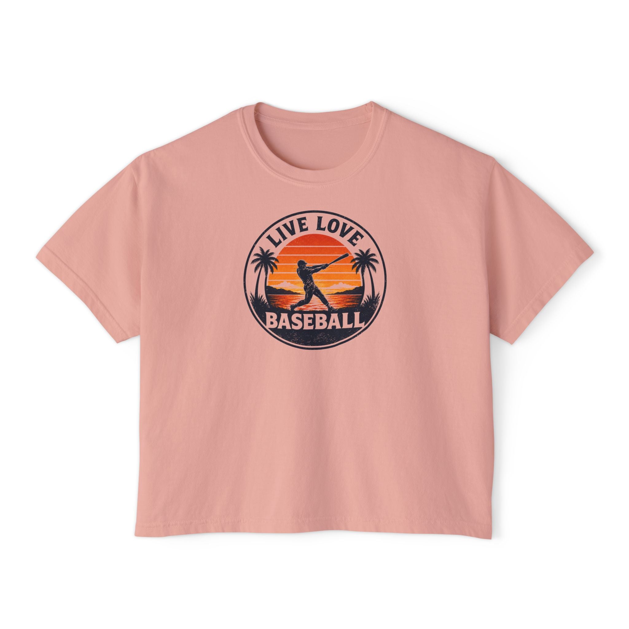 Live Love Baseball Women's Boxy Tee – Retro Sunset Palm Baseball Shirt