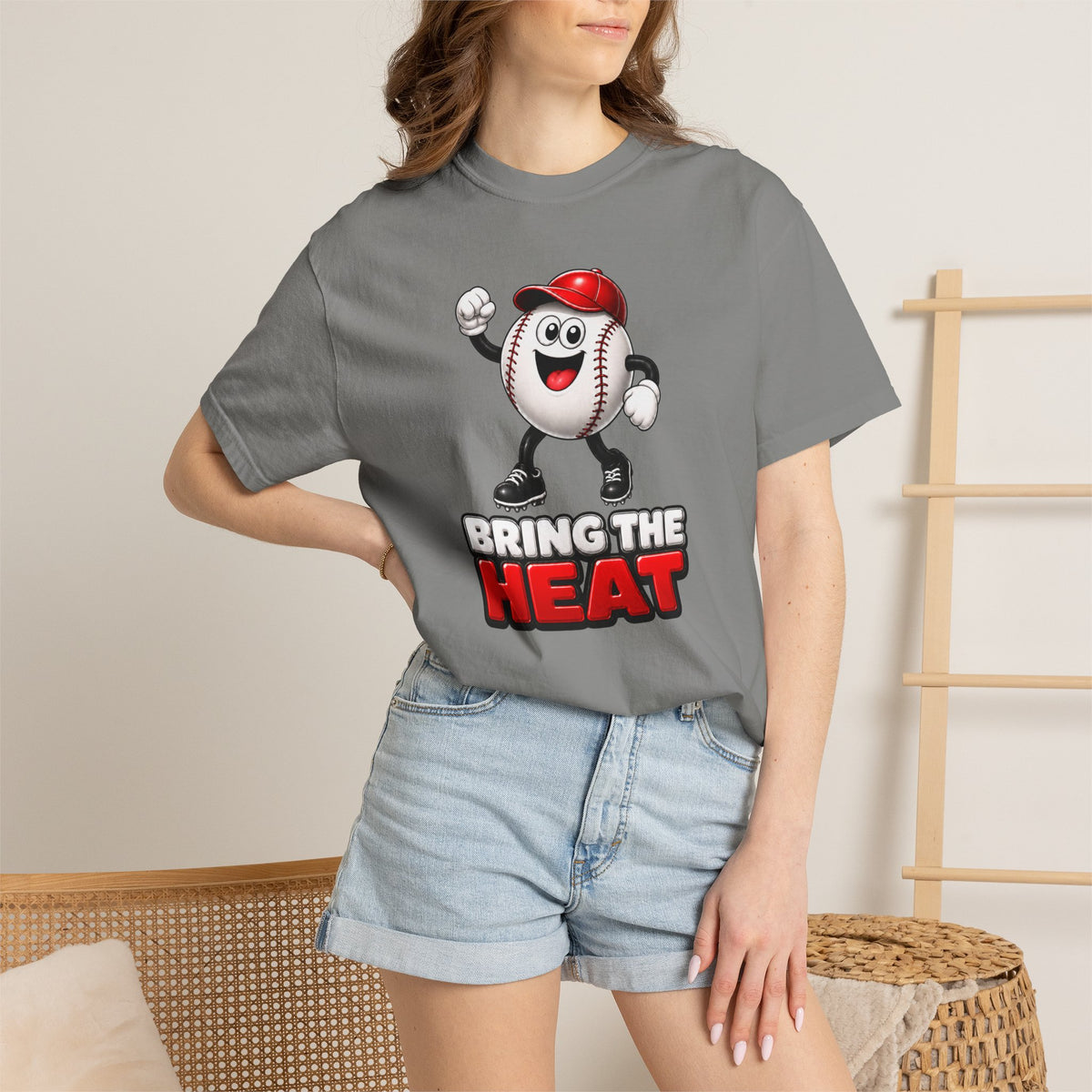 Adult Heater "Bring The Heat" Baseball T-Shirt — Unisex Comfort Colors Cartoon Ball Mascot Tee
