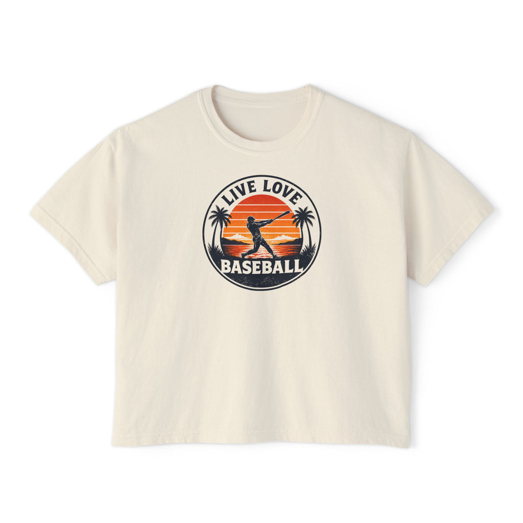 Live Love Baseball Women's Boxy Tee – Retro Sunset Palm Baseball Shirt