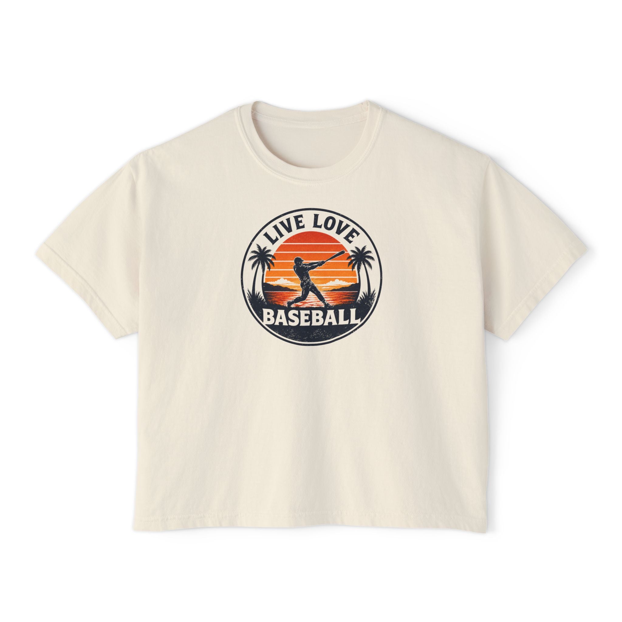 Live Love Baseball Women's Boxy Tee – Retro Sunset Palm Baseball Shirt