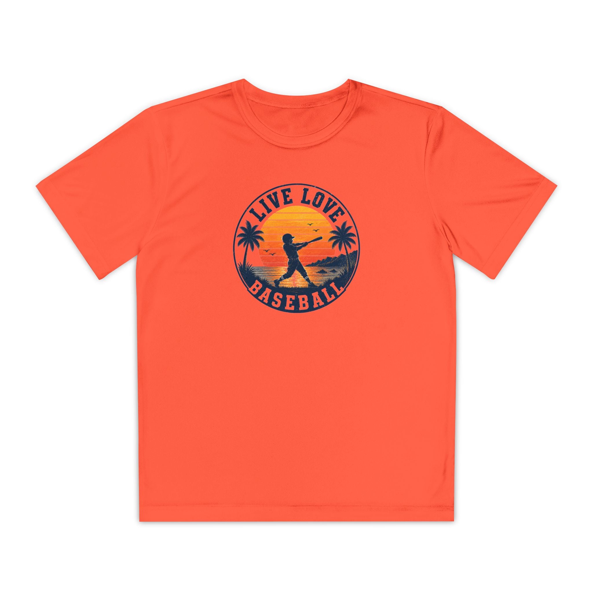 Live Love Baseball Youth Dri Fit Tee — Sunset Palm Baseball Player Shirt