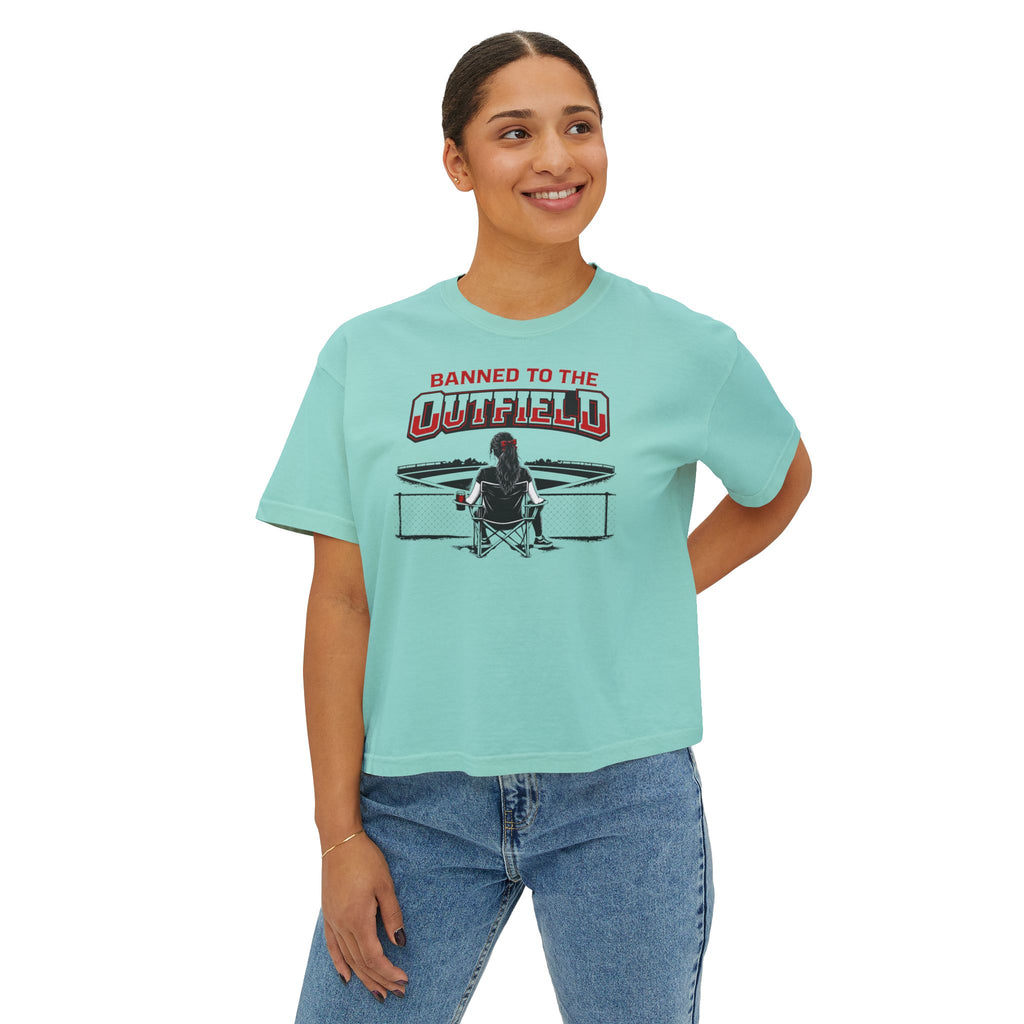 Banned to the Outfield Women's Boxy Tee – Baseball Mom/Fan Graphic Shirt