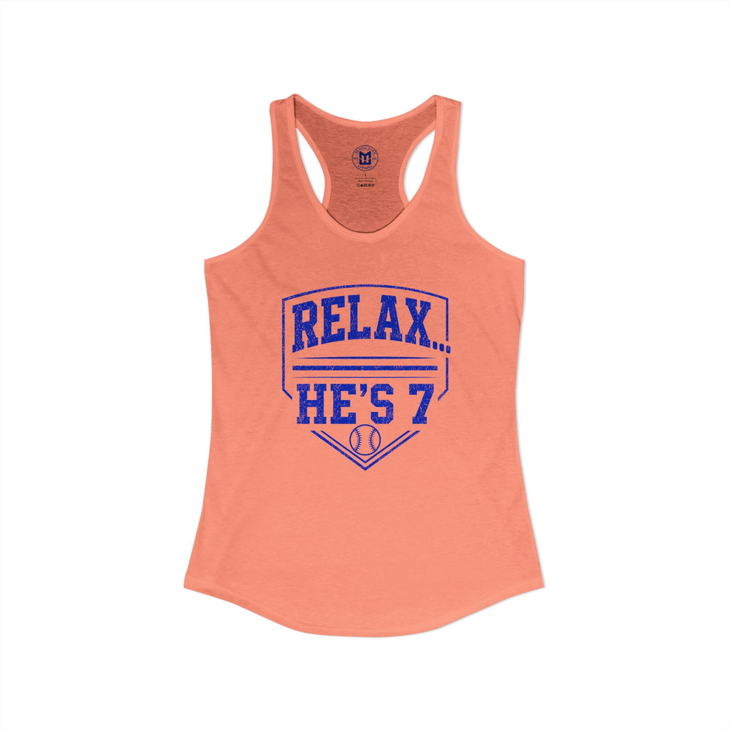 Relax He's 7 Baseball Mom Racerback Tank - Blue