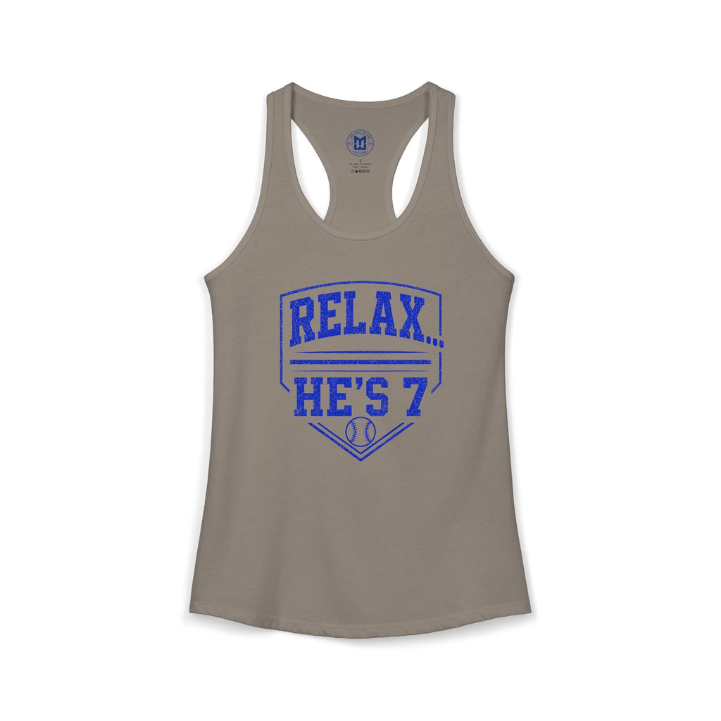 Relax He's 7 Baseball Mom Racerback Tank - Blue