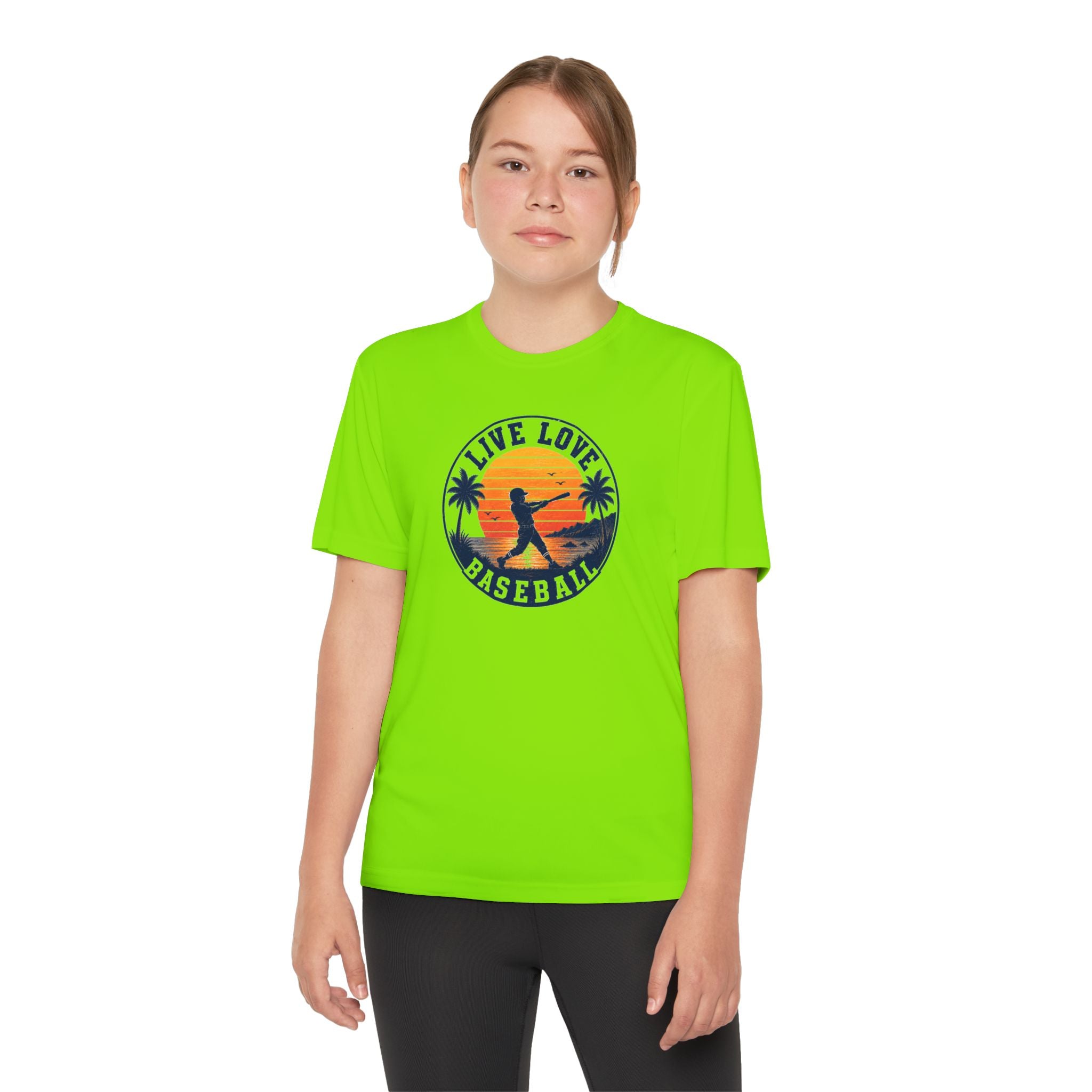 Live Love Baseball Youth Dri Fit Tee — Sunset Palm Baseball Player Shirt