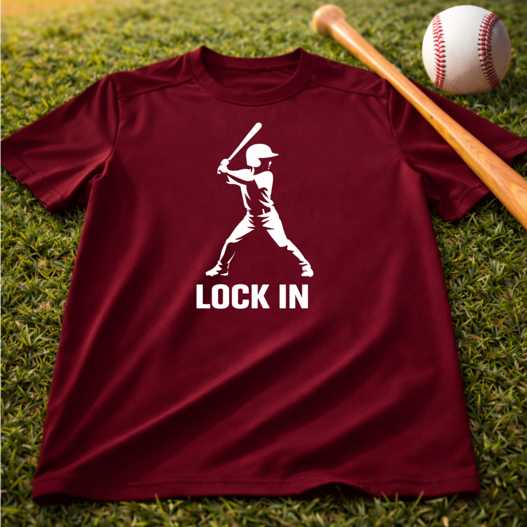 Youth "Lock In" Dri Fit Baseball Tee - Batter Graphic Performance Shirt