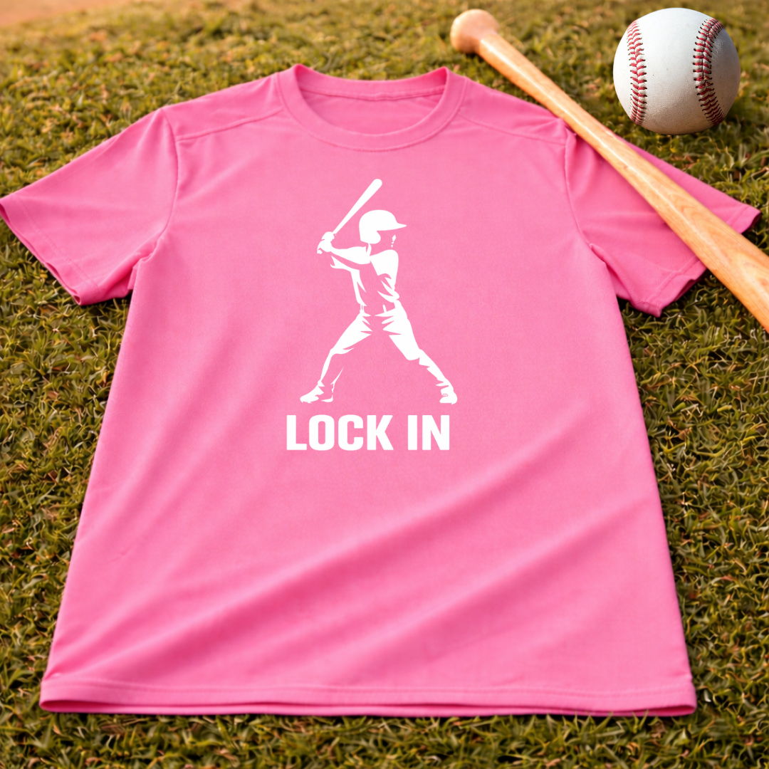 Youth "Lock In" Dri Fit Baseball Tee - Batter Graphic Performance Shirt