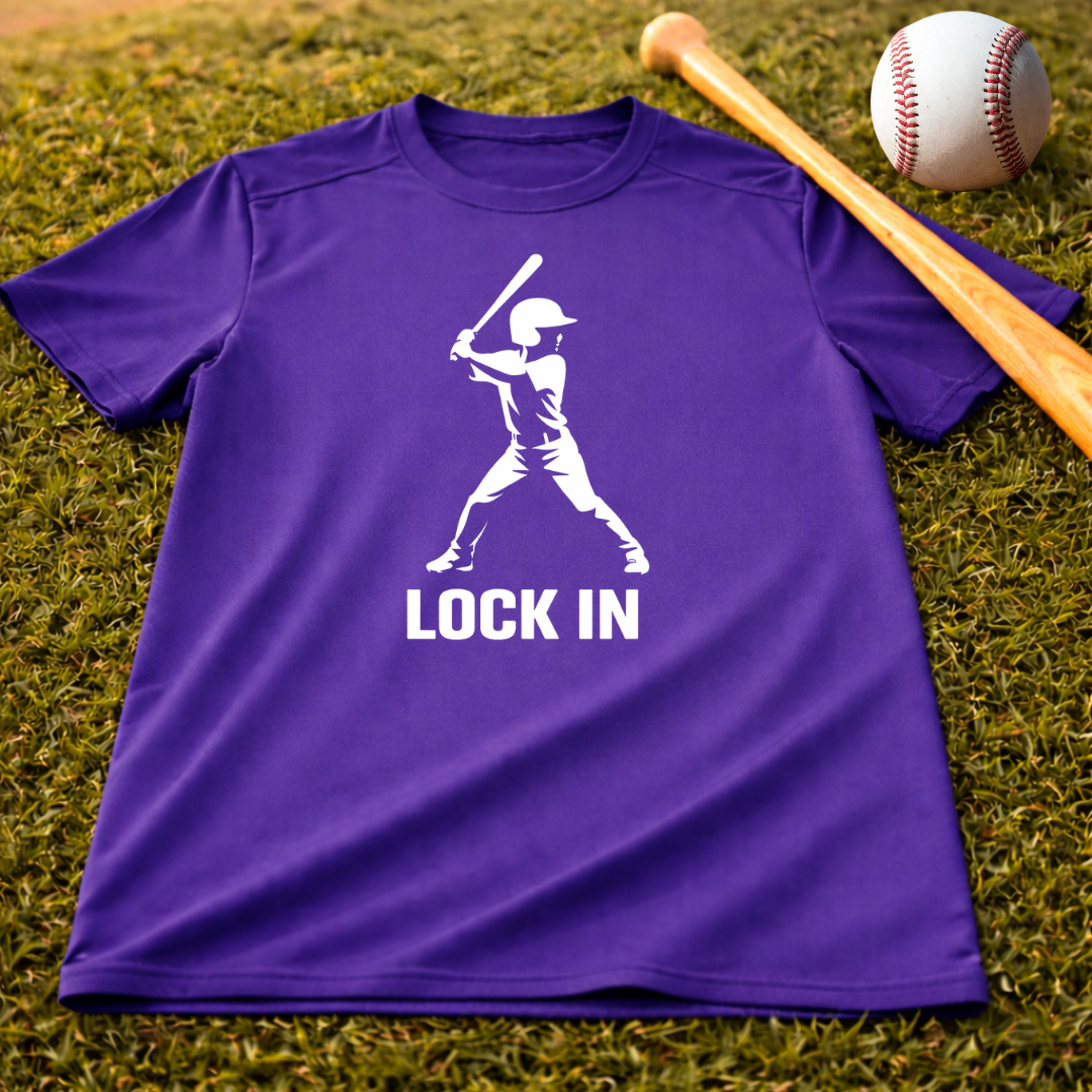 Youth "Lock In" Dri Fit Baseball Tee - Batter Graphic Performance Shirt