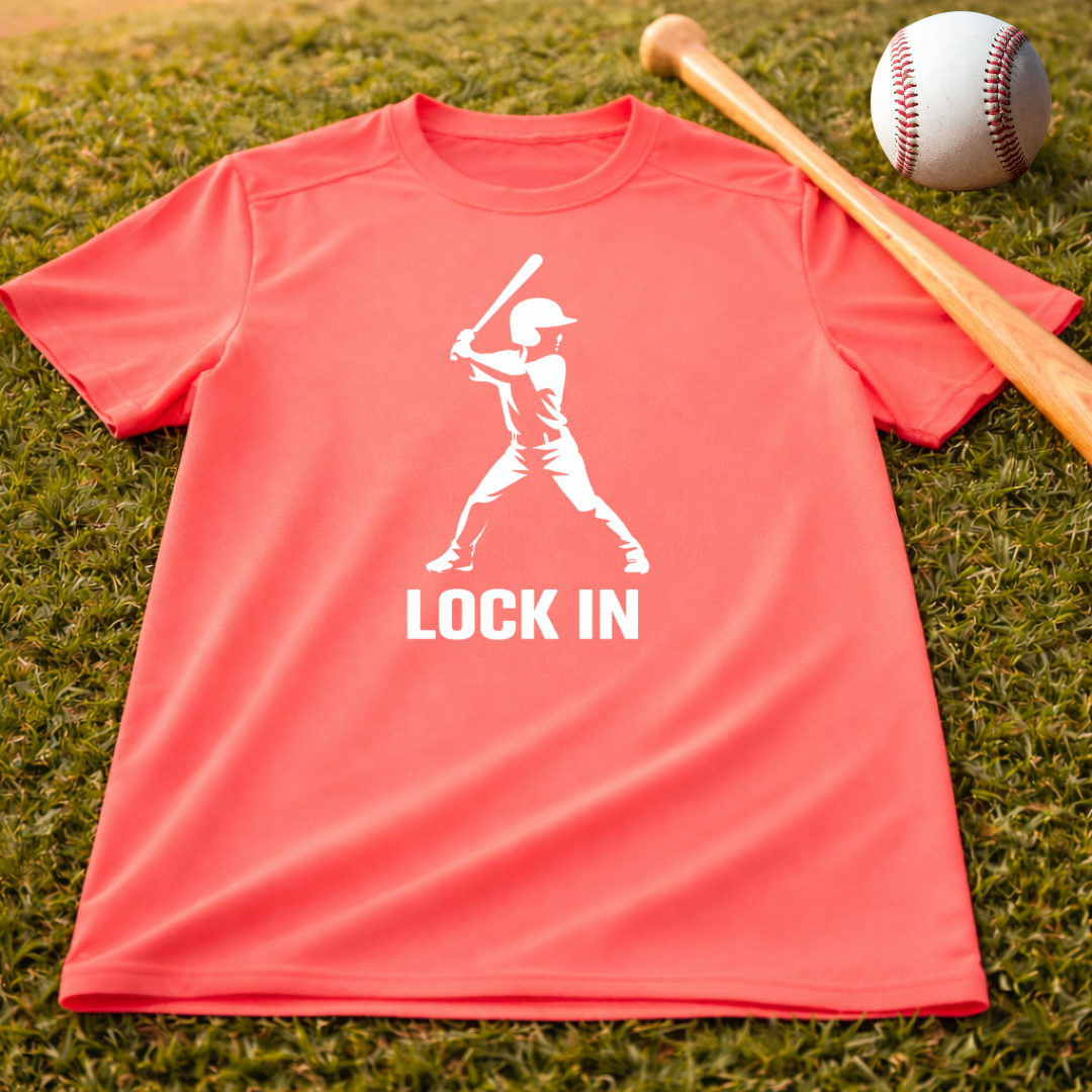 Youth "Lock In" Dri Fit Baseball Tee - Batter Graphic Performance Shirt