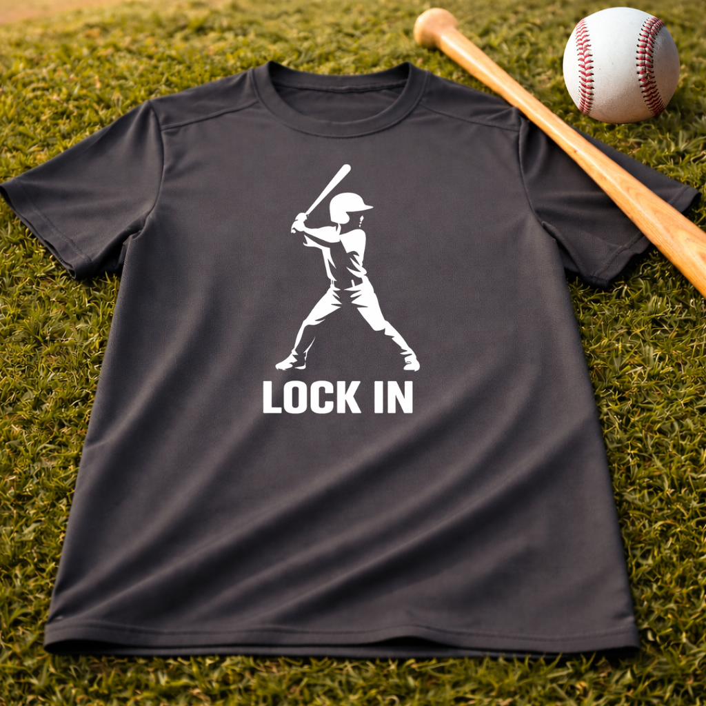 Youth "Lock In" Dri Fit Baseball Tee - Batter Graphic Performance Shirt