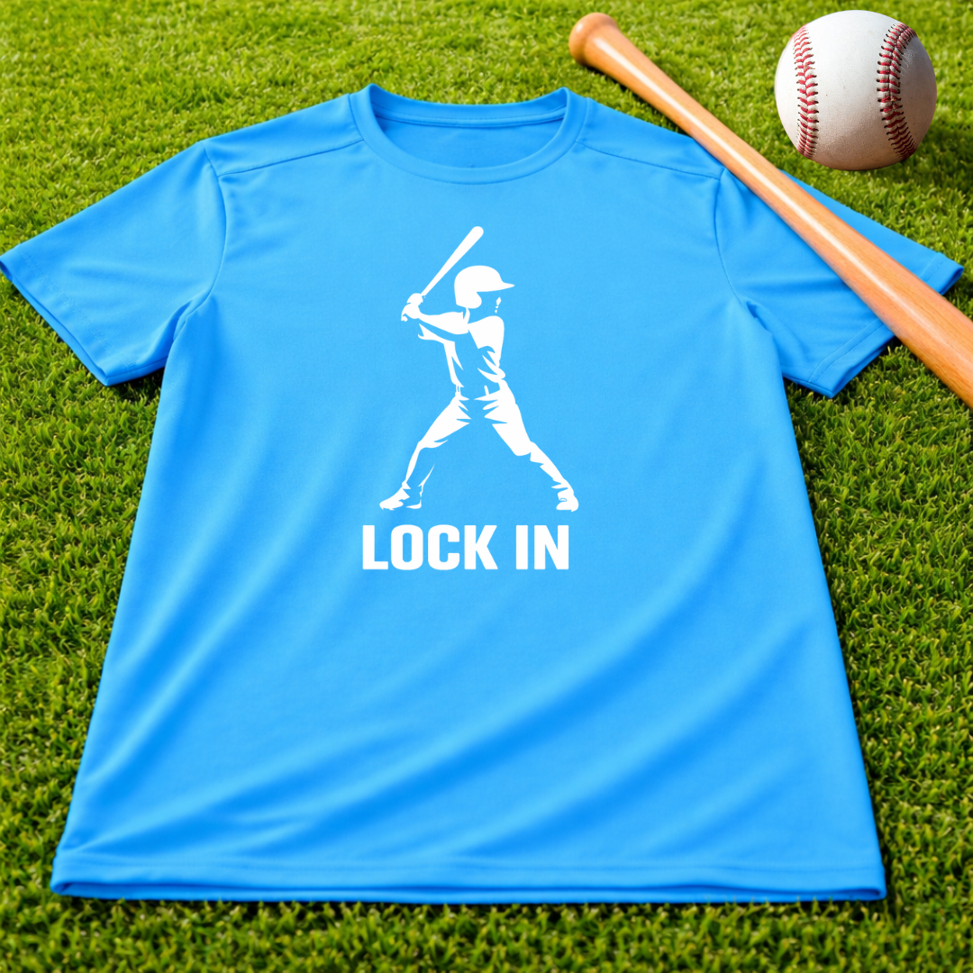 Youth "Lock In" Dri Fit Baseball Tee - Batter Graphic Performance Shirt