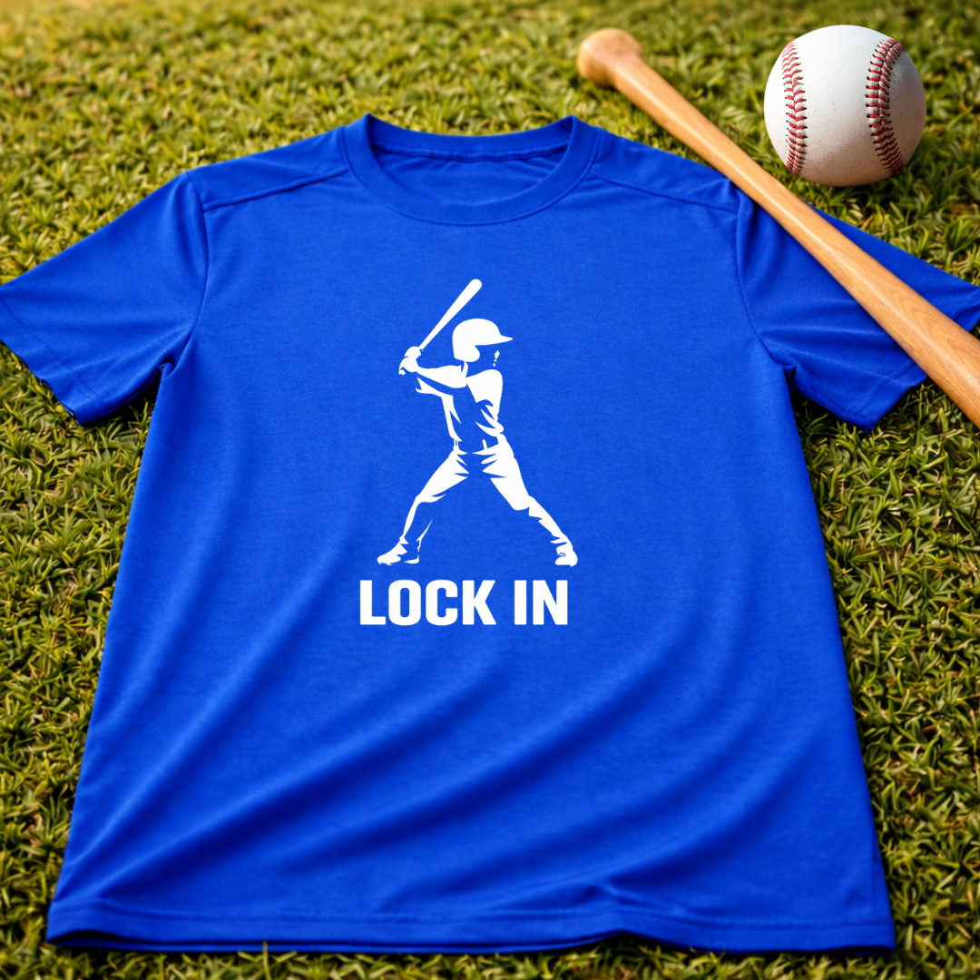 Youth "Lock In" Dri Fit Baseball Tee - Batter Graphic Performance Shirt