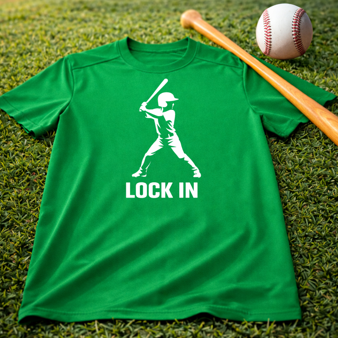 Youth "Lock In" Dri Fit Baseball Tee - Batter Graphic Performance Shirt