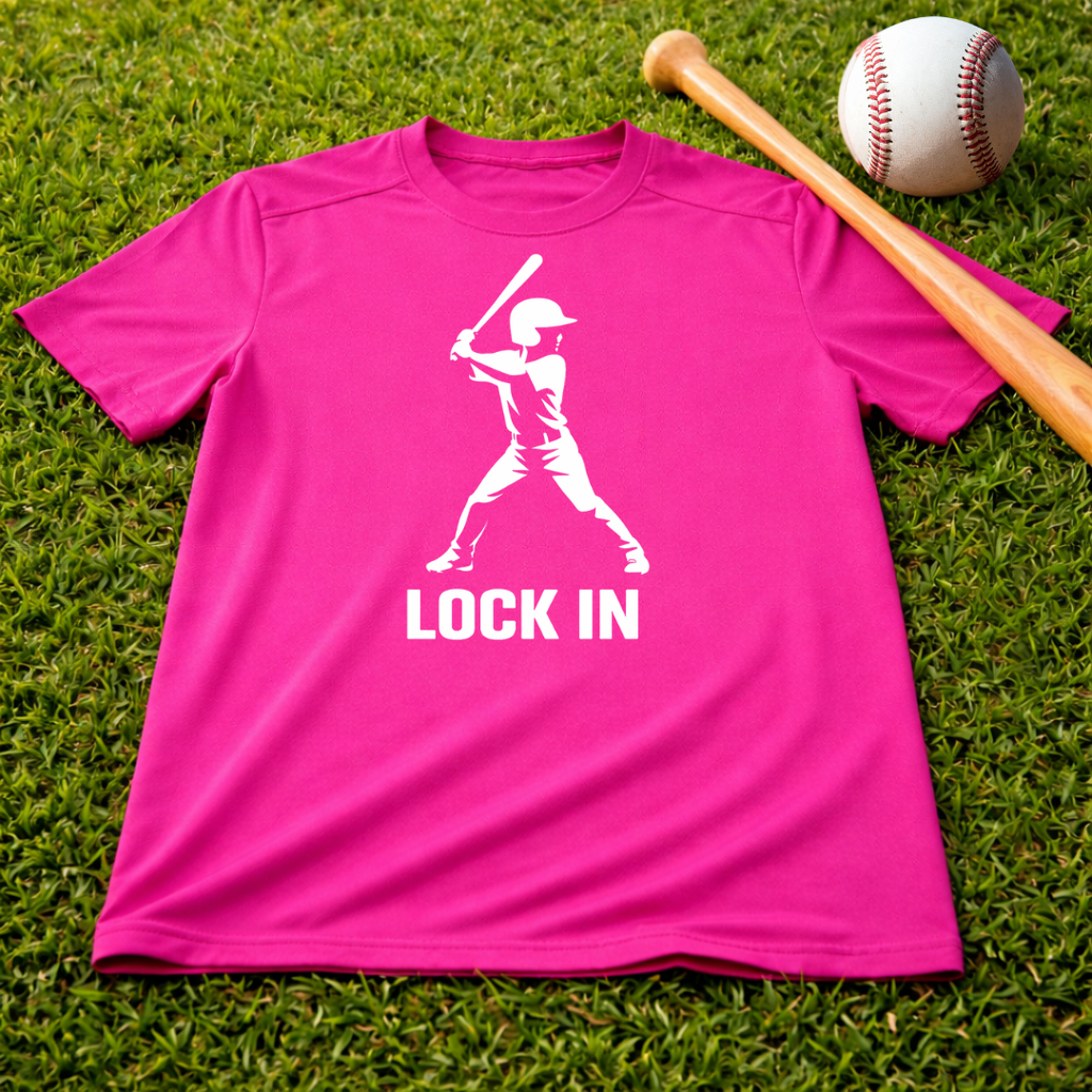Youth "Lock In" Dri Fit Baseball Tee - Batter Graphic Performance Shirt