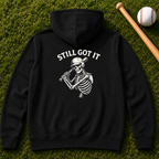 Still Got It Skeleton Zip Hoodie — Vintage Skeleton Playing Flute Graphic