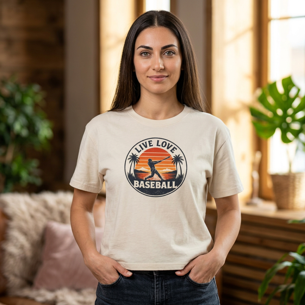 Live Love Baseball Women's Boxy Tee – Retro Sunset Palm Baseball Shirt