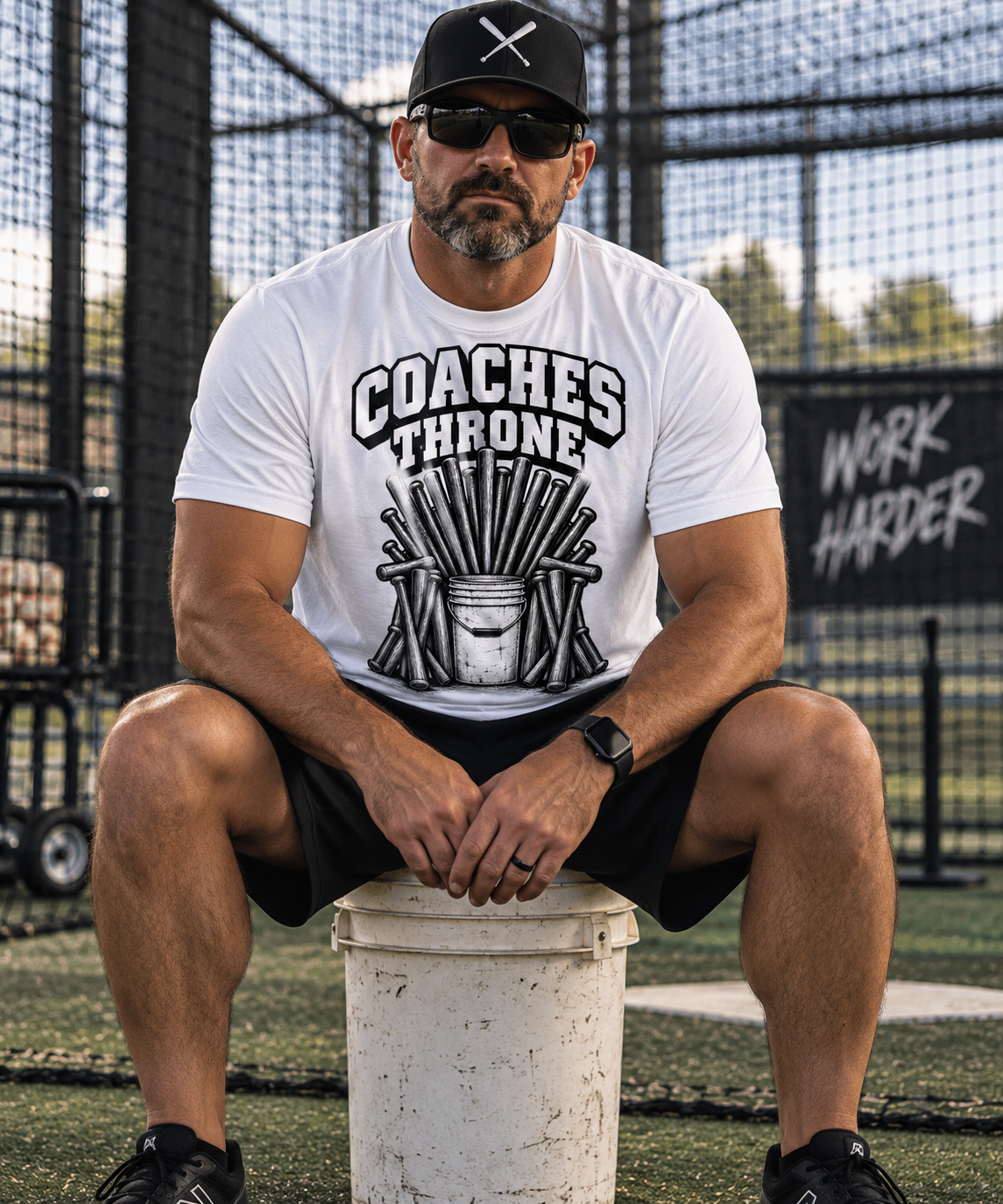 Coaches Throne Baseball Bucket T-Shirt — Funny Coach Gift Tee (Bucket & Whistle Graphic)