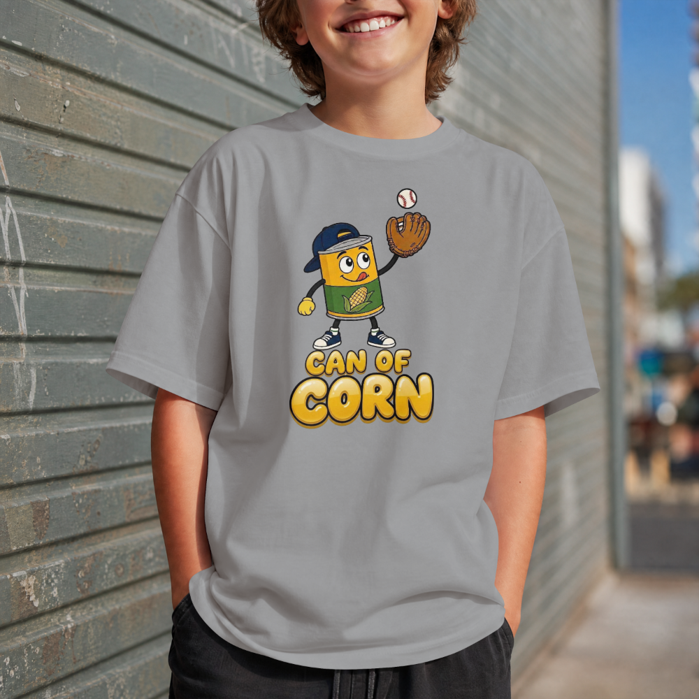 Kids Tee – 'Can of Corn' Baseball Corn Mascot Shirt for Children