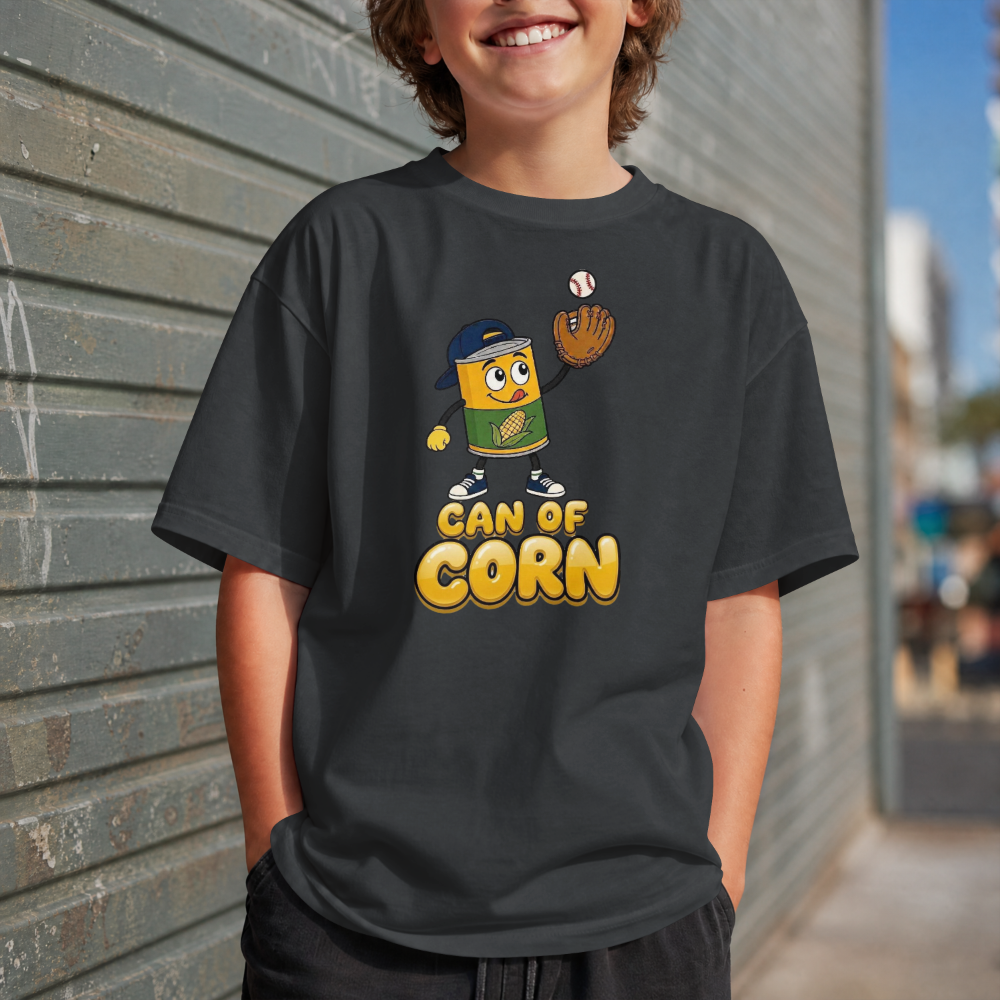 Kids Tee – 'Can of Corn' Baseball Corn Mascot Shirt for Children