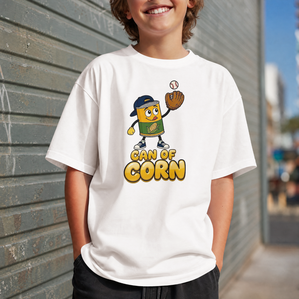 Kids Tee – 'Can of Corn' Baseball Corn Mascot Shirt for Children