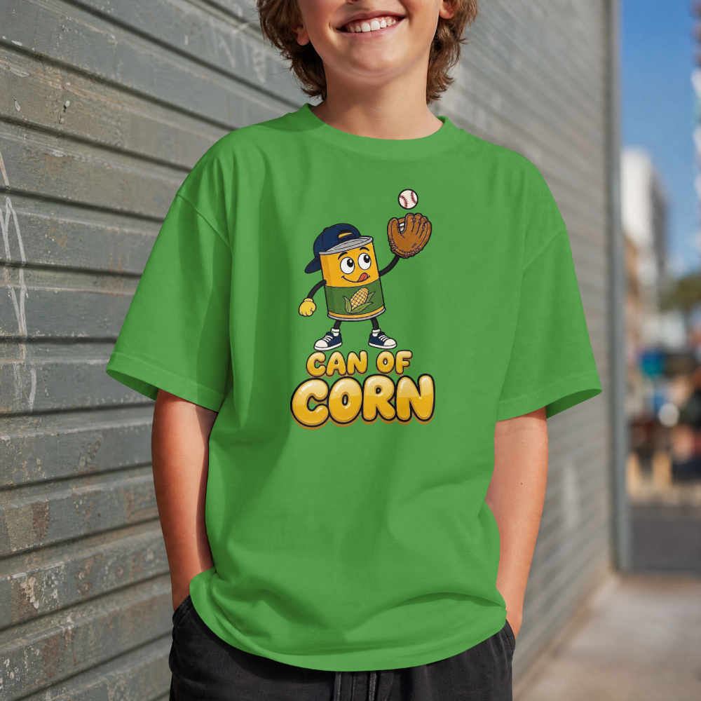 Kids Tee – 'Can of Corn' Baseball Corn Mascot Shirt for Children