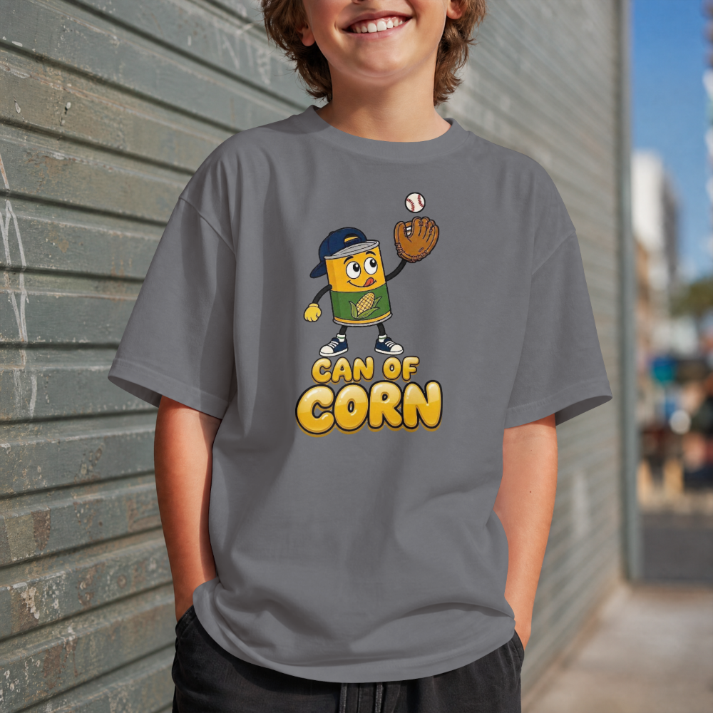 Kids Tee – 'Can of Corn' Baseball Corn Mascot Shirt for Children