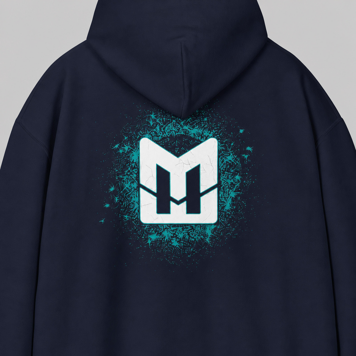 Navy Mental Edge Loud Splatter Hoodie back, Mental Edge logo with teal splatter