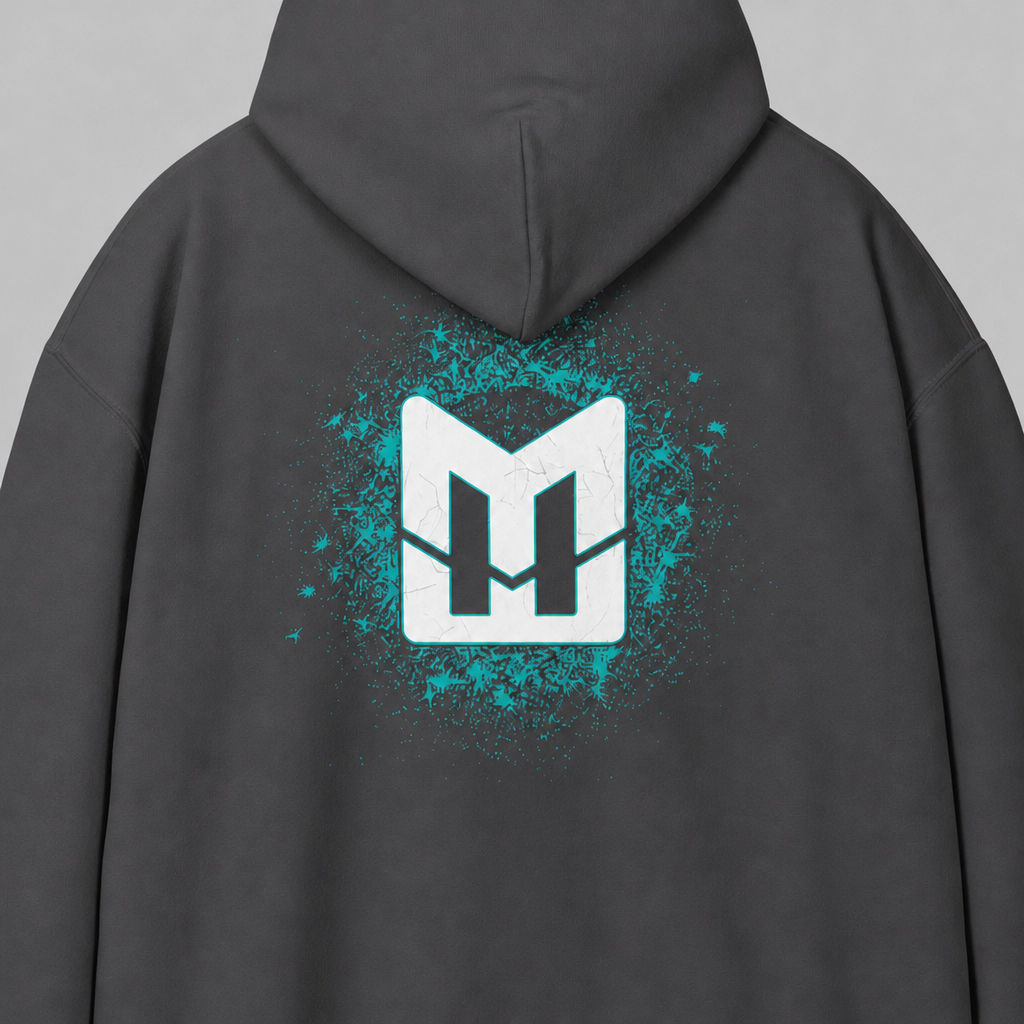 Charcoal Mental Edge Loud Splatter Hoodie back, Mental Edge logo with teal splatter
