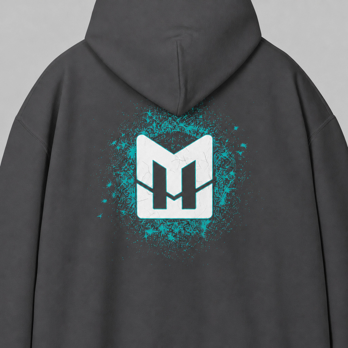 Charcoal Mental Edge Loud Splatter Hoodie back, Mental Edge logo with teal splatter