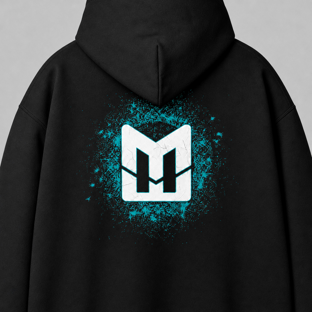 Black Mental Edge Loud Splatter Hoodie back, Mental Edge logo with teal splatter