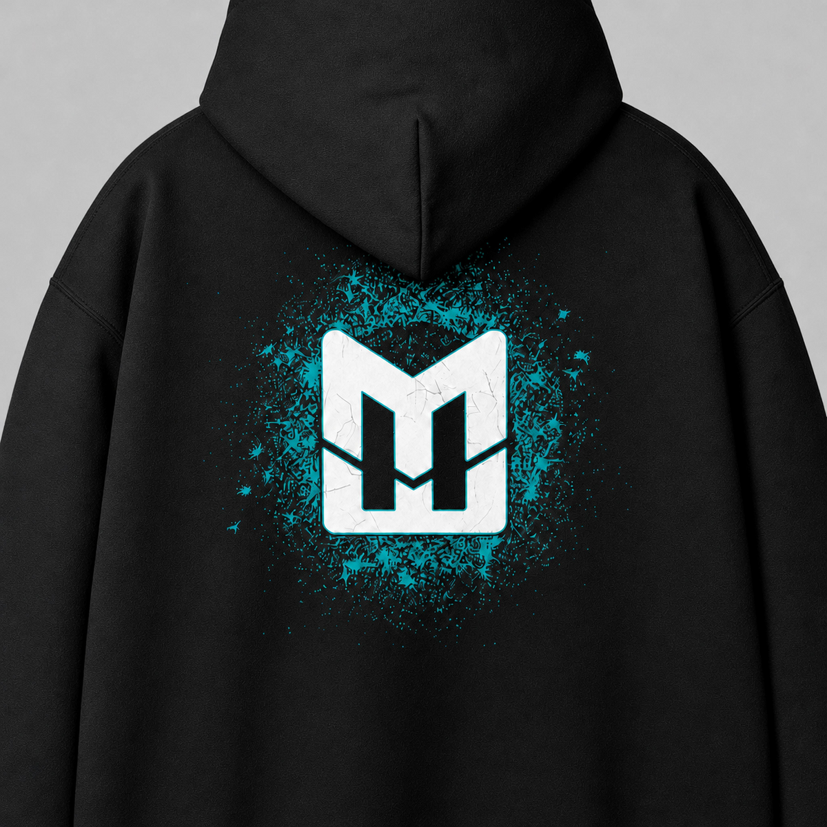 Black Mental Edge Loud Splatter Hoodie back, Mental Edge logo with teal splatter