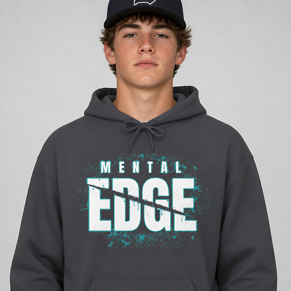 Baseball player wearing the charcoal Mental Edge Loud Splatter Hoodie