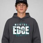 Baseball player wearing the charcoal Mental Edge Loud Splatter Hoodie