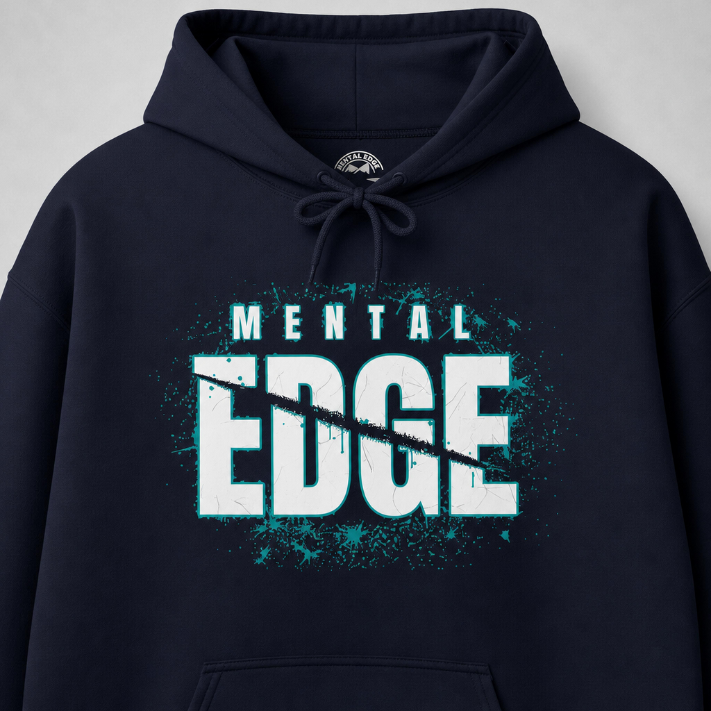 Navy Mental Edge Loud Splatter Hoodie front, cracked MENTAL EDGE with teal splatter